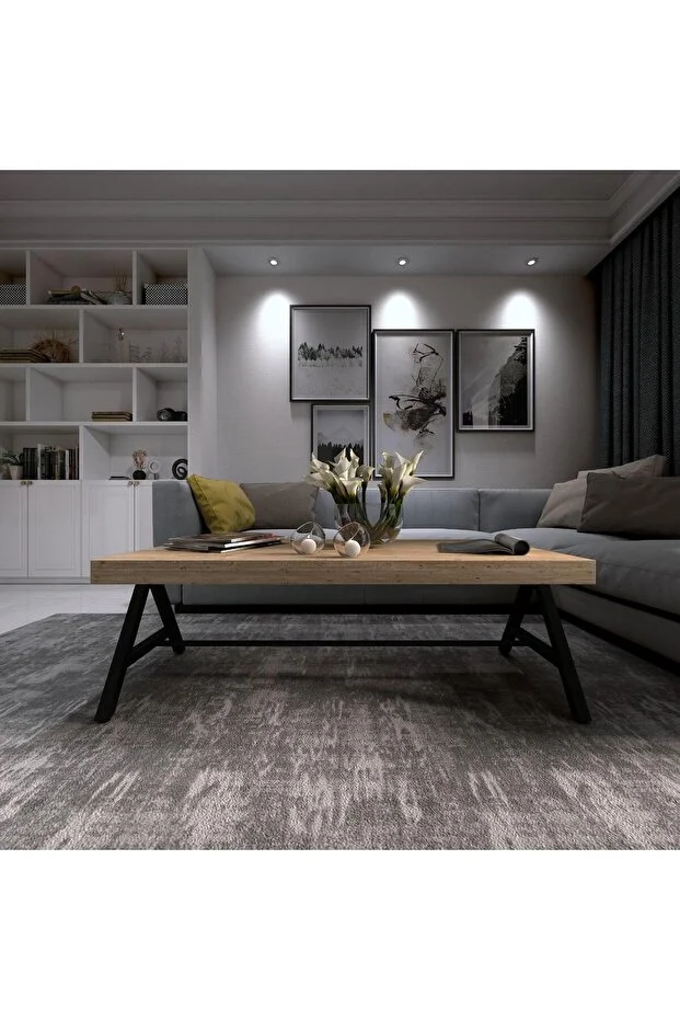 Dekoratif Ahşap Orta Sehpa Metal Sehpa Siyah